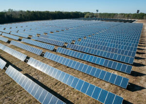 Solar panels covering a vast expanse of dry land