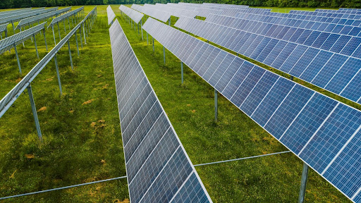 A solar system installed on a field using standard ground mounts.